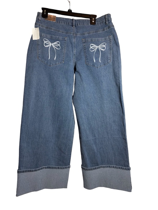 Madden Girl Denim - Light Blue Wide Leg Cuff Jeans with Bows Embrod Strechy - Madden Girl Runs Big